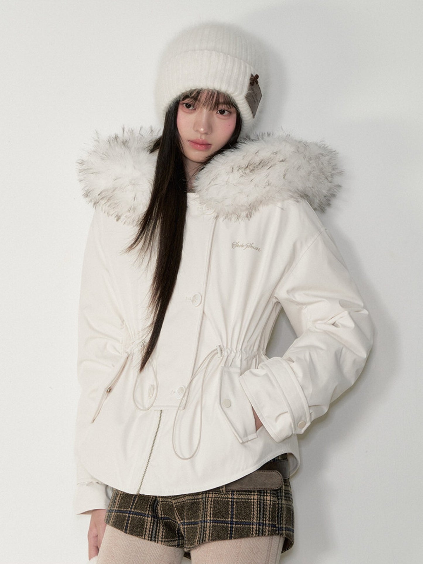 Soote Season - “Cloud Waistline” Cloud Mist White Faux Fur Collar Cinched Puffer Parka