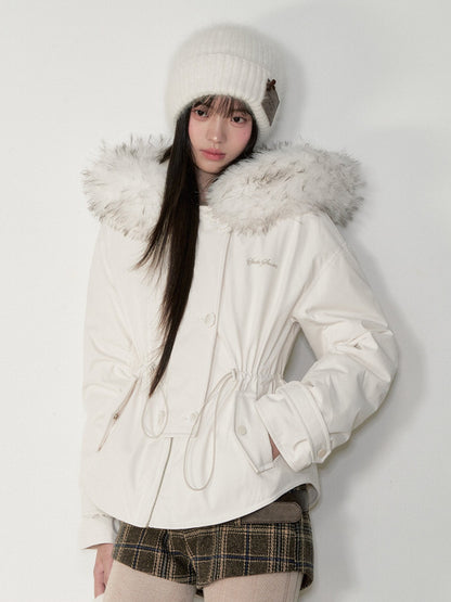 Soote Season - “Cloud Waistline” Cloud Mist White Faux Fur Collar Cinched Puffer Parka