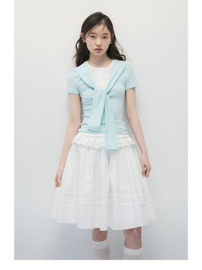 Mint Blue Faux Two-Piece Top & White A-Line Midi Skirt Set