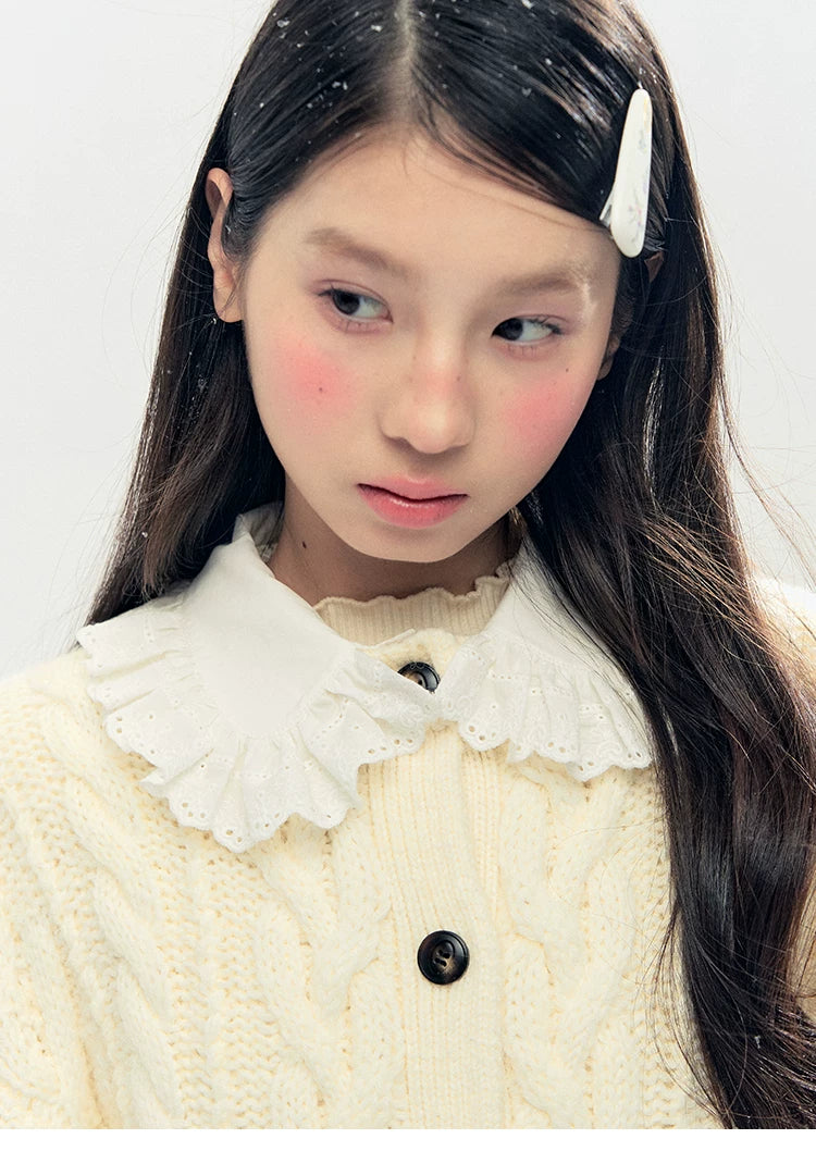 "Cotton Mousse" Cable Knit Cardigan with Detachable Ruffle Collar (Cotton Blue/ Soft White)