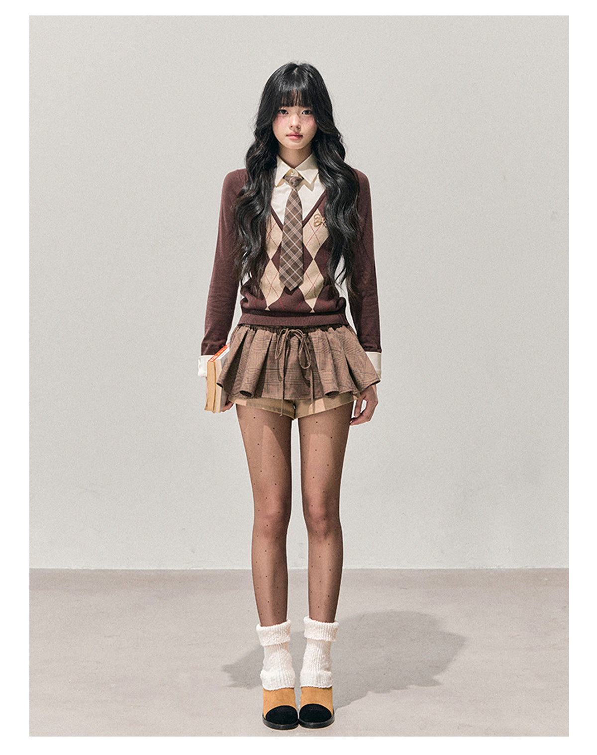 少也眼 “Whispers of the Parasol Tree” Faux-Layered Diamond Knit Sweater 456545
