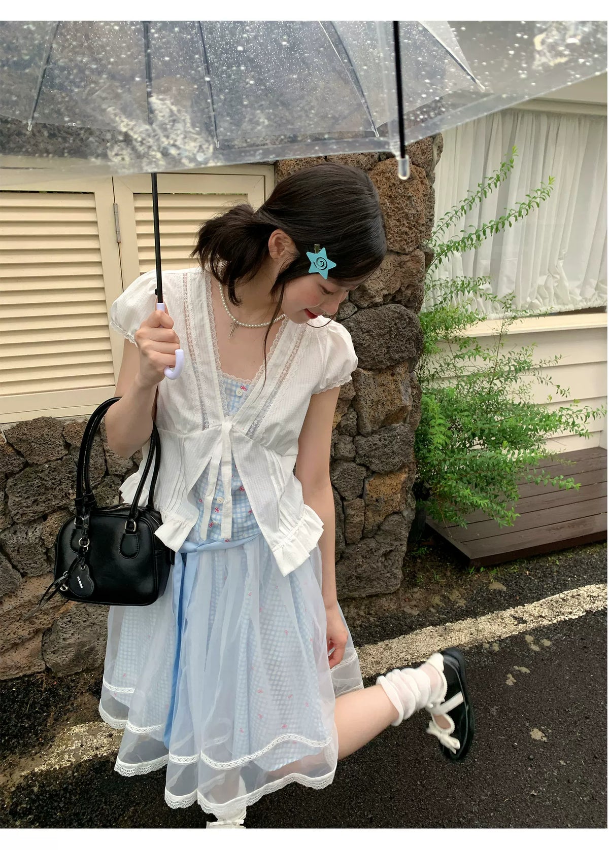 [RF] “Sweet Bluebell” Light Blue Plaid Lace-Trim Three-Piece Set