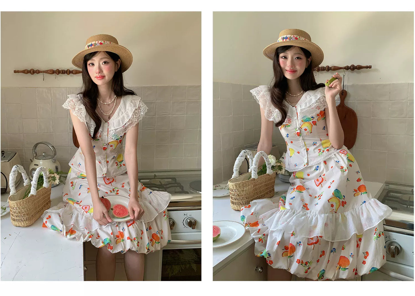 “Honeyfruit Summer Breeze” Beige Printed Skirt Set