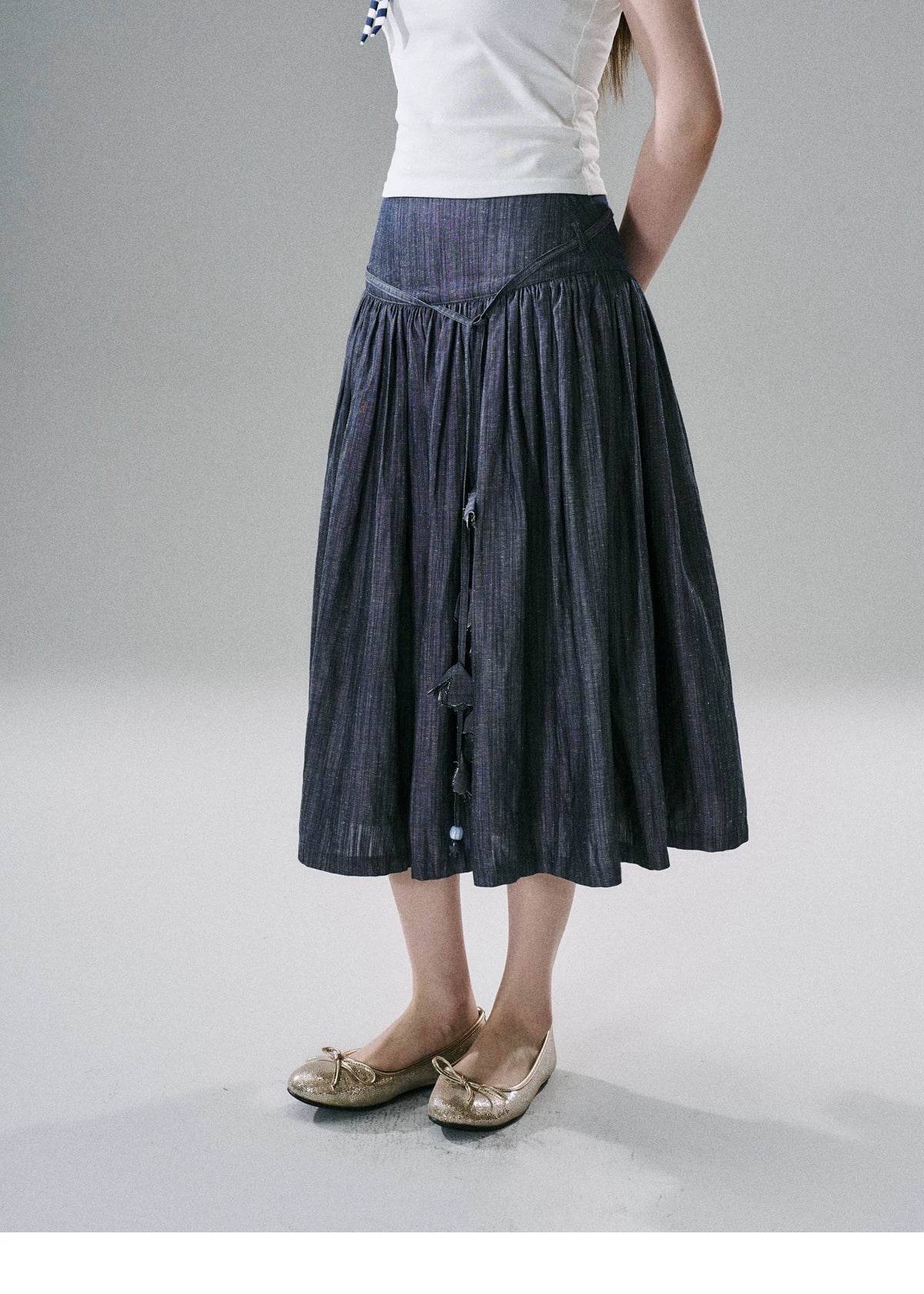 LOST FOREST - Flower Belt Striped Midi Dress (Natural Hemp / Blue Stripe / Orange Stripe)