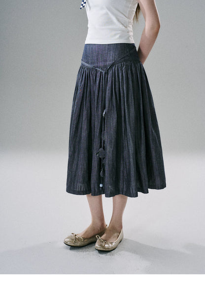 LOST FOREST - Flower Belt Striped Midi Dress (Natural Hemp / Blue Stripe / Orange Stripe)