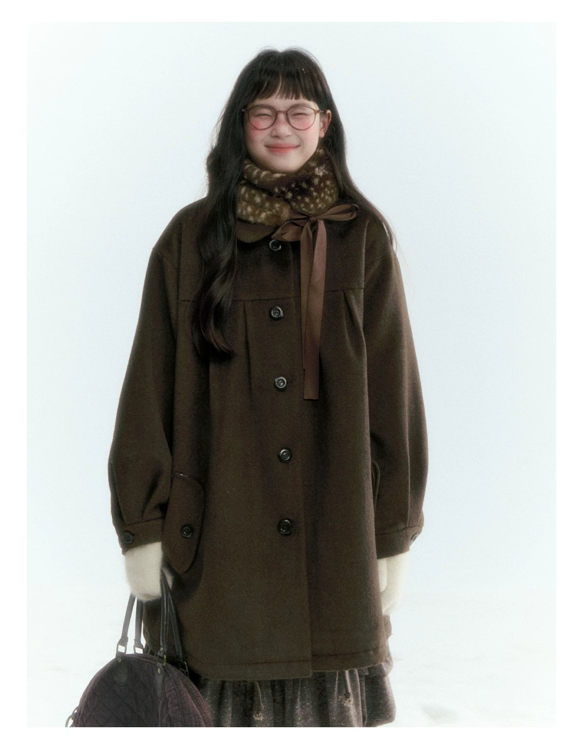 Horridale - Peter Pan Collar Pleated Mid-Length Wool-Blend Coat – Brown Coffee