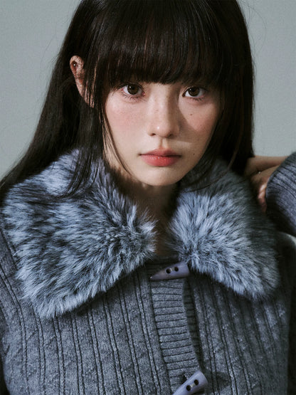 LOST FOREST - Gray Detachable Faux-Fur Collar Toggle Cardigan