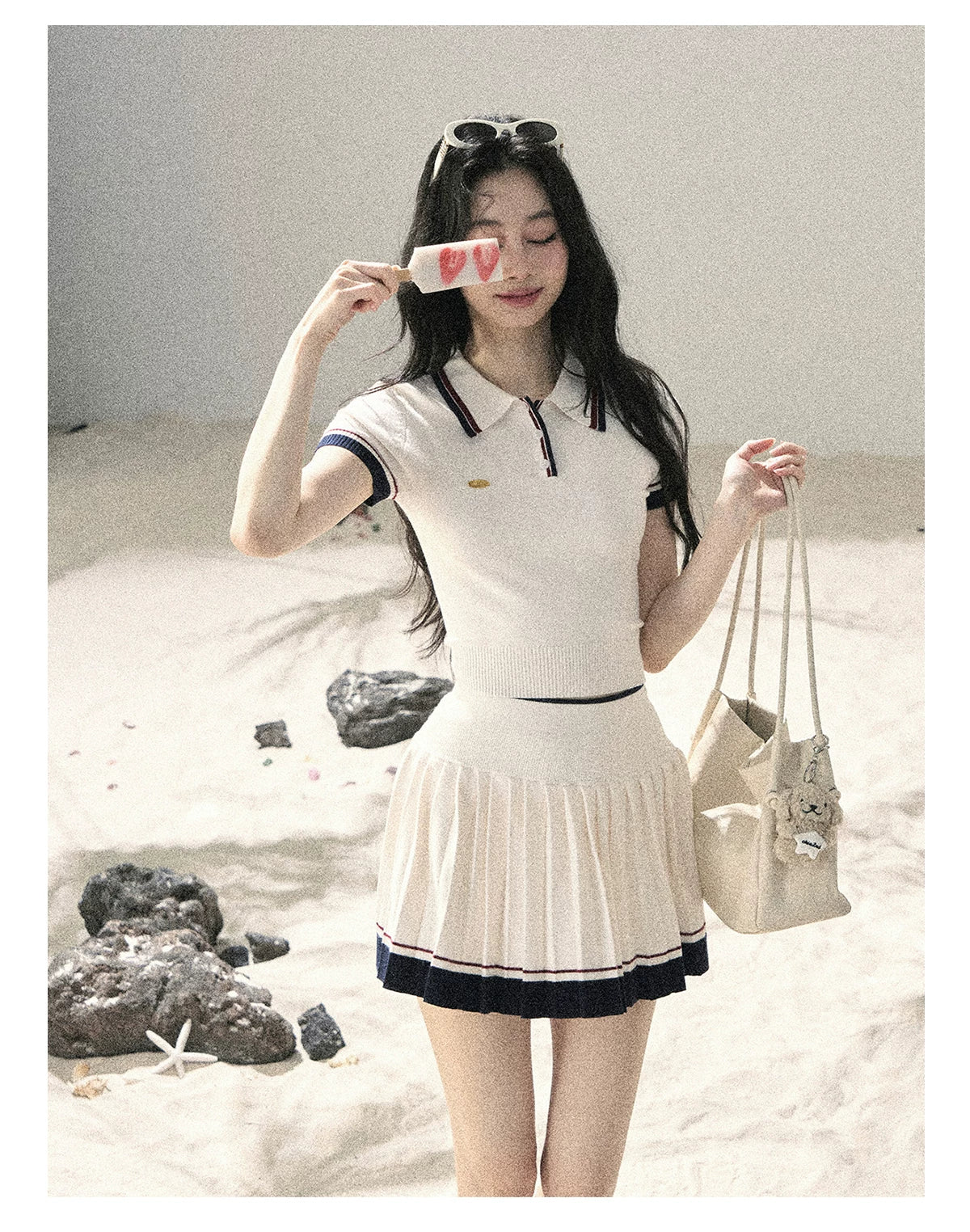 "Moonlight in Pieces" Cloud White Ribbed Knit Top & Pleated Mini Skirt Two-Piece Set