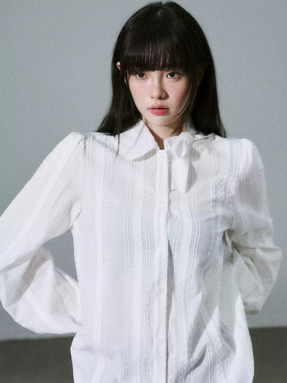 LOST FOREST - Pure White Cotton Jacquard Bow Blouse – Japanese Sweet Girl Style