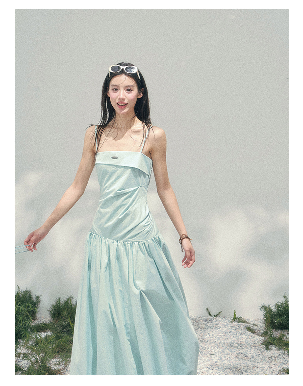 “She Passed Through Bloom Season” Glacier Blue Bubble Maxi Dress