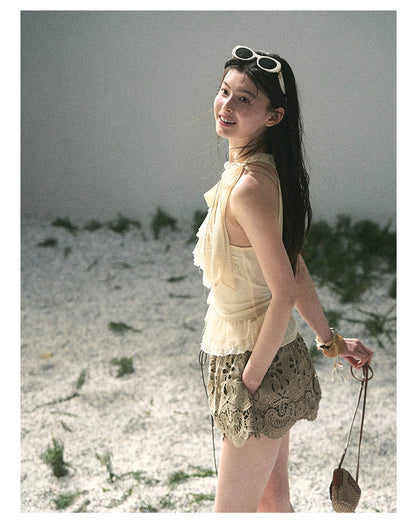 “Lost in Your Embrace” Roasted Pecan Lace Puff Skort