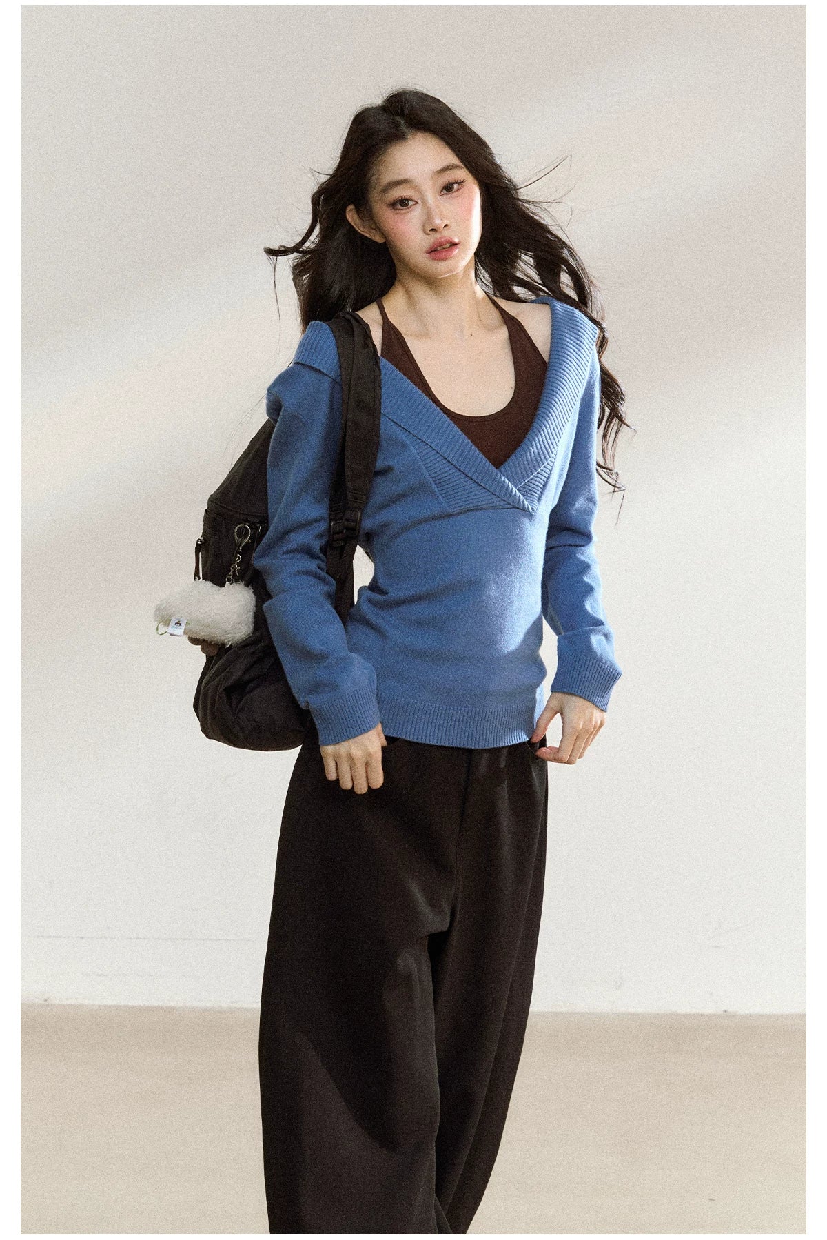 JN's DESIGN - Blue Knit Sweater with Brown Cami Set