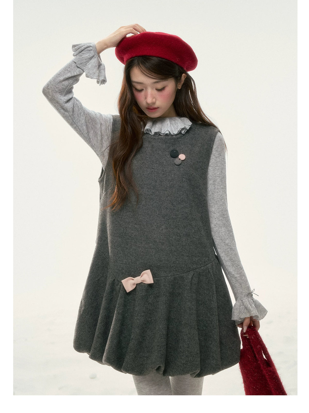 BIBIBENCY - Gray Blouson Cami Dress & Layering Top Set
