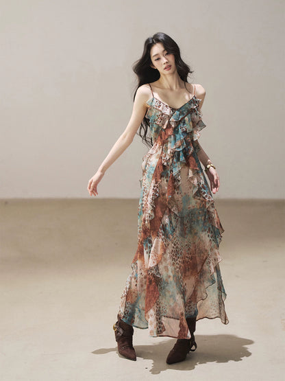 "She Never Looks Back" Peacock Blue Leopard Chiffon Maxi Dress