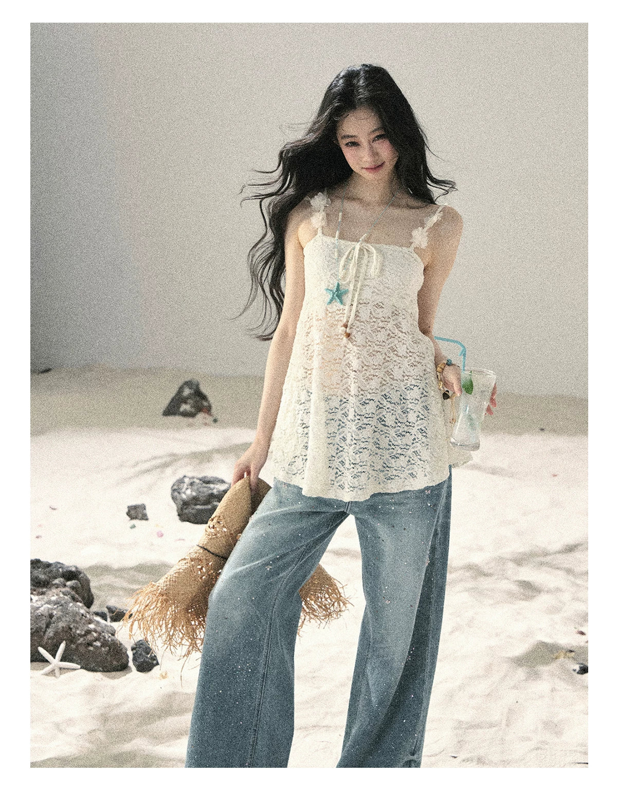 "Starlit River Shimmer" Distant Sky Blue Rhinestone Wide-Leg Jeans 65633