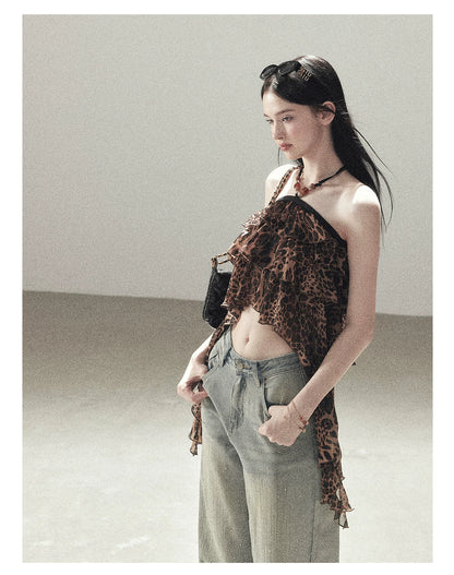 "Chasing the Sunset" Chestnut Brown Leopard Halter Ruffle Crop Top