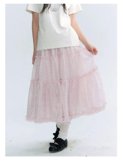"Bubble Dream" Pink Lavender Polka Dot Tiered Midi Skirt