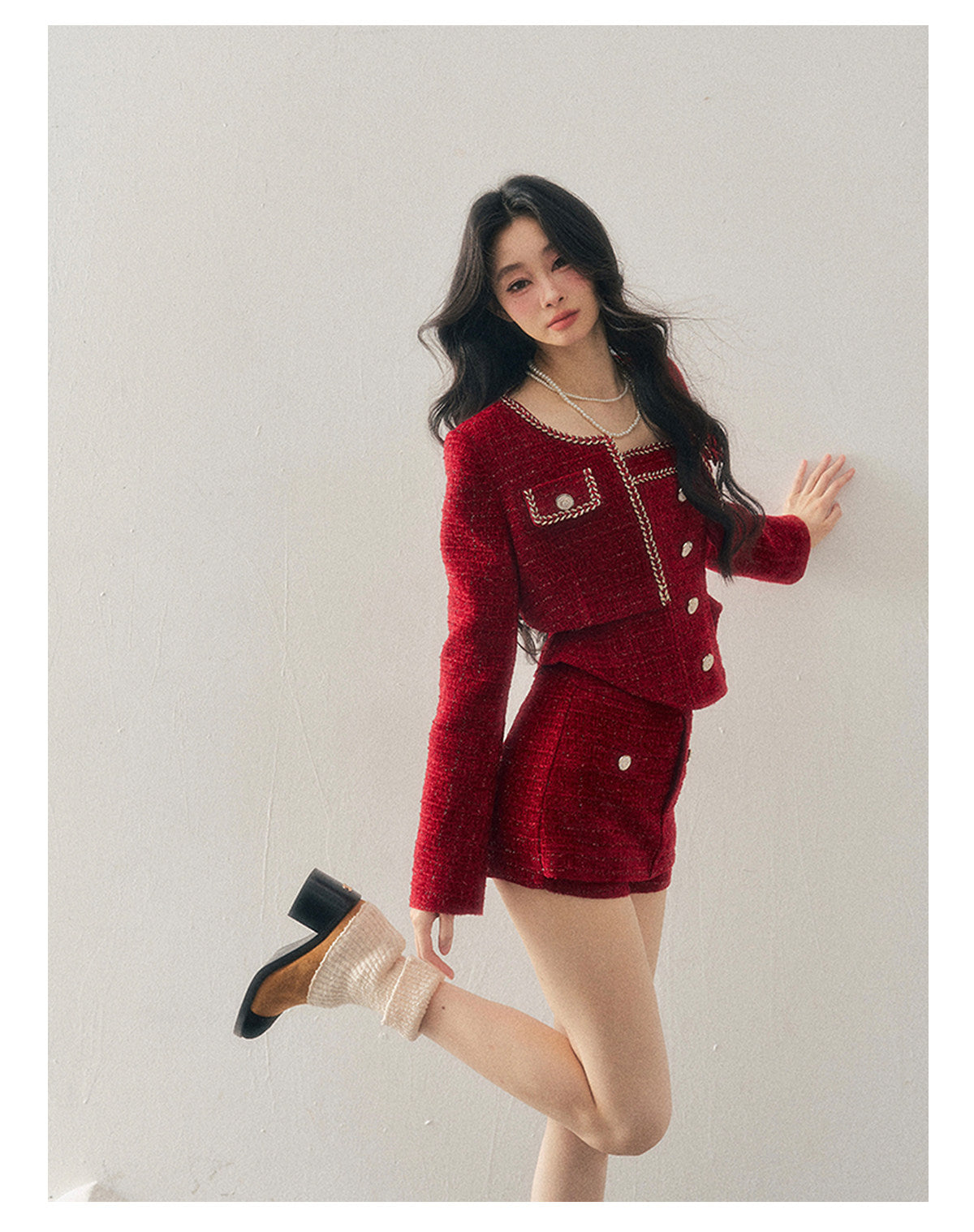 少也眼 "Before the Moon Falls" Bouclé Wool Tweed Three-Piece Mini Set - Cabernet Red