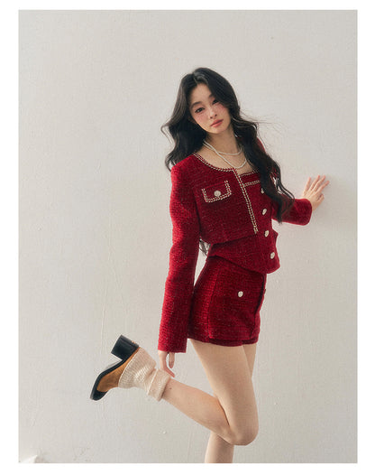 少也眼 "Before the Moon Falls" Bouclé Wool Tweed Three-Piece Mini Set - Cabernet Red