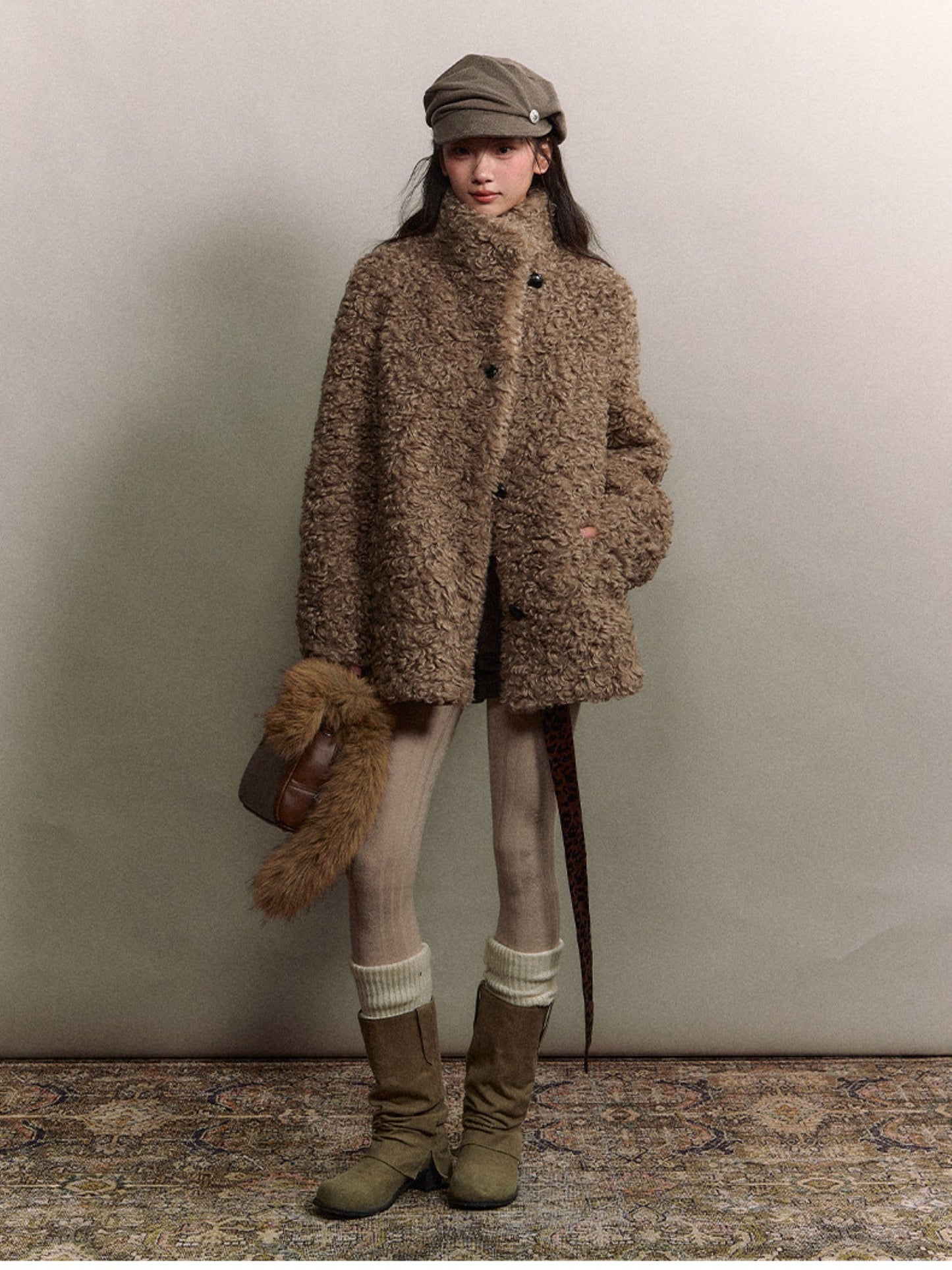 Soote Season - Curly Faux Shearling Stand-Collar Fur Jacket