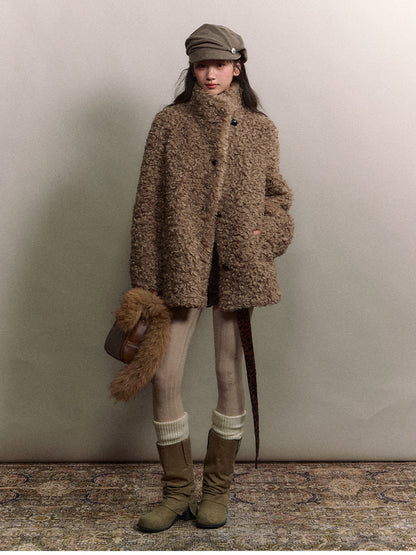 Soote Season - Curly Faux Shearling Stand-Collar Fur Jacket