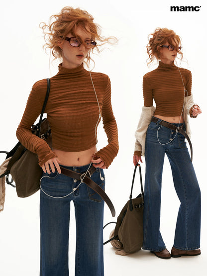 MAMC - Ribbed High-Neck Fitted Long-Sleeve Top (Black / Brown)