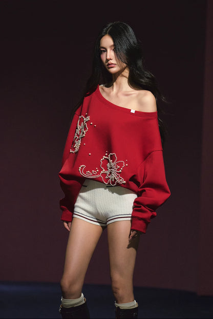 "Pearl Reverie" Pearl Embellished Convertible Off-Shoulder Sweatshirt (Red/ White)