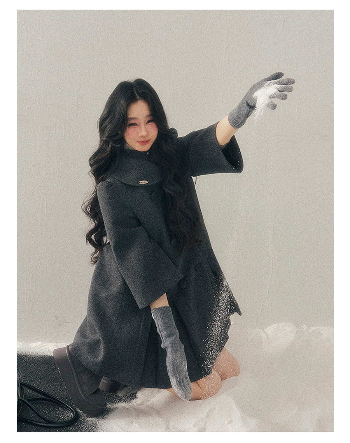 少也眼 "Luxembourg Heiress" Deep Rock Gray Preppy Wool-Blend Mid-Length Coat