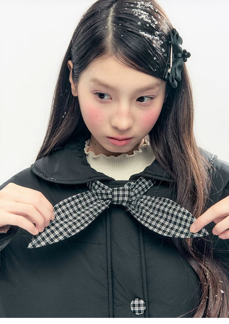 "Starry Night Little Witch" Black Long Down Coat with Detachable Bunny Bow Collar