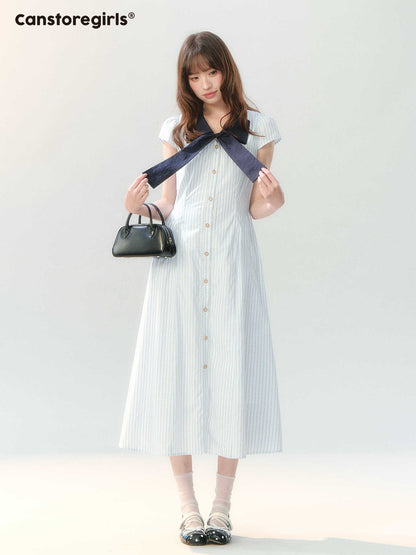 "Academy Breeze Letter" White Stripe Contrast Collar Dress
