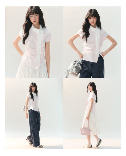 [CAN] "Girl's Getaway" Pink Stripe Ribbon Collar Blouse