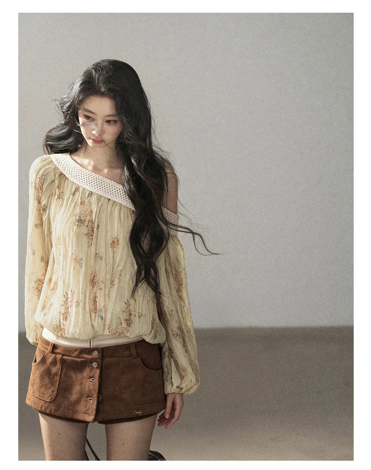 AOMALM - "Laurel's Sigh" Amber Yellow French-Inspired Asymmetrical Shoulder Floral Chiffon Blouse