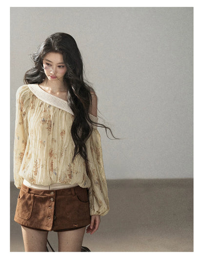 AOMALM - "Laurel's Sigh" Amber Yellow French-Inspired Asymmetrical Shoulder Floral Chiffon Blouse