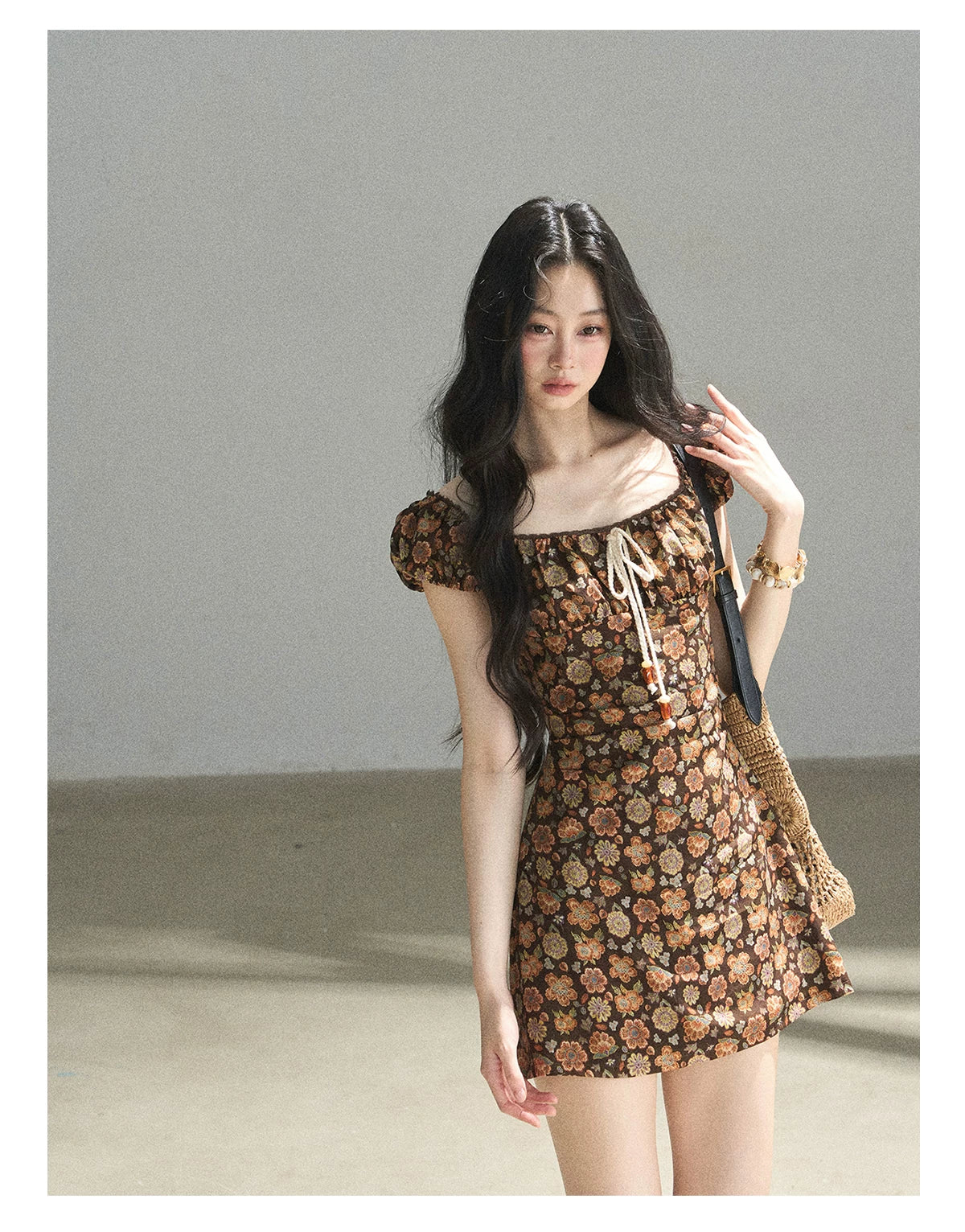 "Wildflowers & Freedom" Mocha Mousse Floral Puff Sleeve Mini Dress