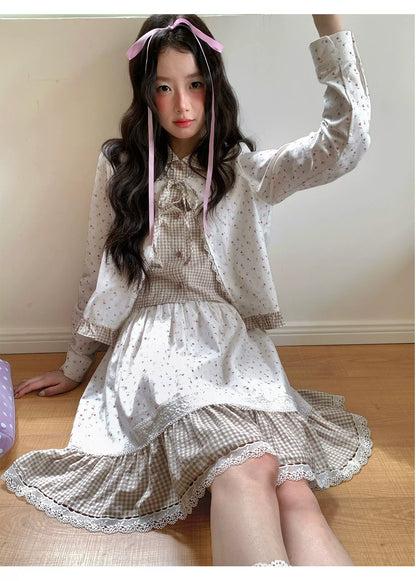 [RF] “Meadow Tea Party” Ivory & Light Brown Plaid Layered Blouse & Skirt Set