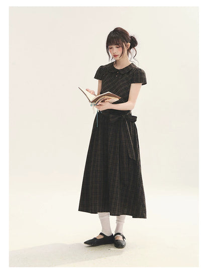 "Vintage Scholar" Black Brown Plaid Bow Tie Peter Pan Collar Maxi Dress