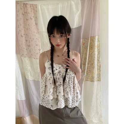 "Among the Blossoms" Soft Gray Floral Cotton Ruffle Cami Top