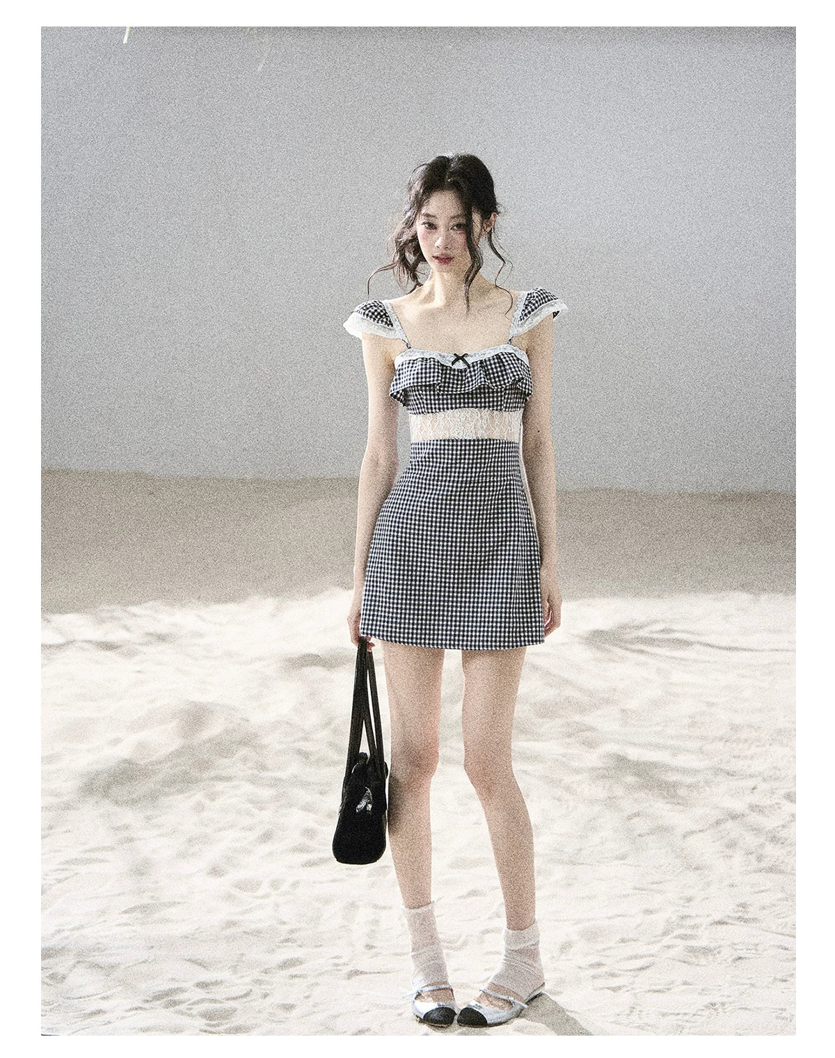 "Her in the Old Film" French Lace Plaid A-Line Mini Dress