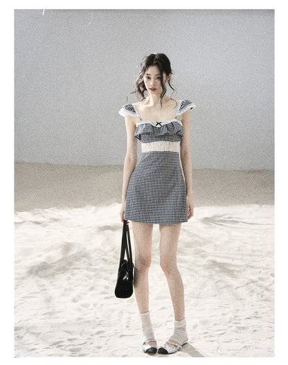 "Her in the Old Film" French Lace Plaid A-Line Mini Dress