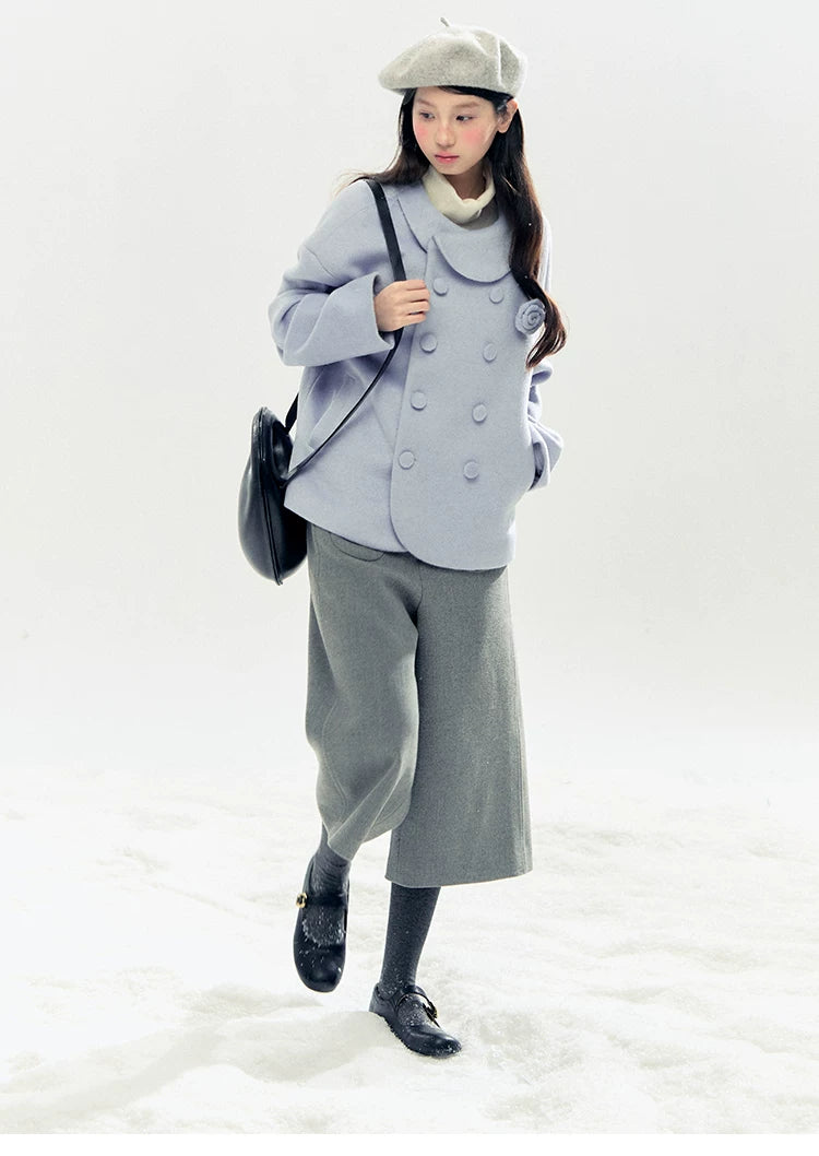 "Rose Manifesto" Frosted Blue Double-Breasted Quilted Wool-Blend Peacoat