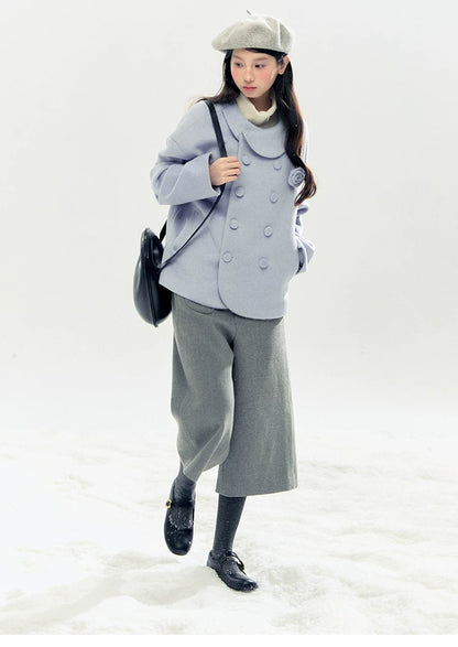 "Rose Manifesto" Frosted Blue Double-Breasted Quilted Wool-Blend Peacoat