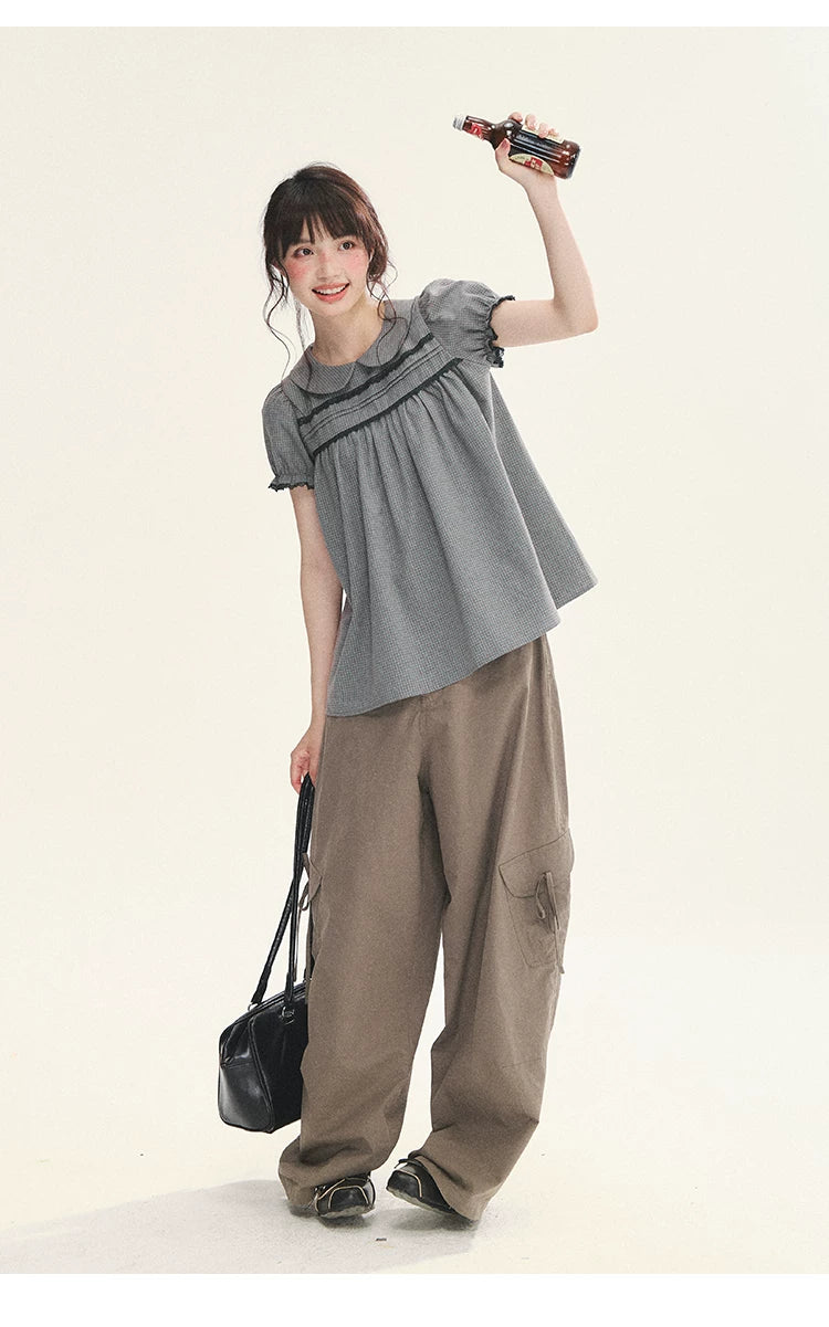 "Sweet Silhouette" Plaid Lace Trim Puff Sleeve Peter Pan Collar Blouse (Red Blue / Red White)