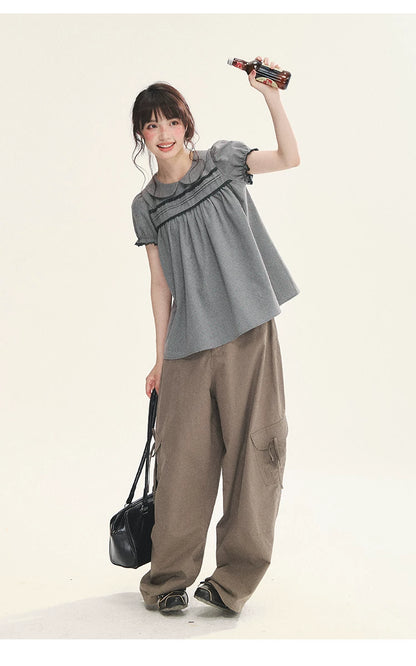 "Sweet Silhouette" Plaid Lace Trim Puff Sleeve Peter Pan Collar Blouse (Red Blue / Red White)
