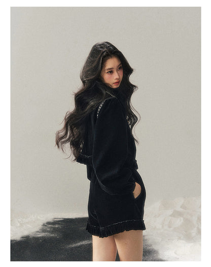 少也眼 “The Seventh Nocturne” Black Velvet French-Style Jacket & Shorts Set