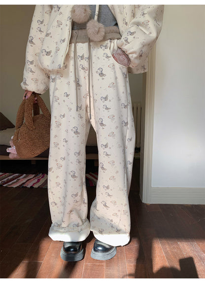 阮阮自制 - Honey Bear Ivory Plush Padded Jacket & Fleece Pants Set