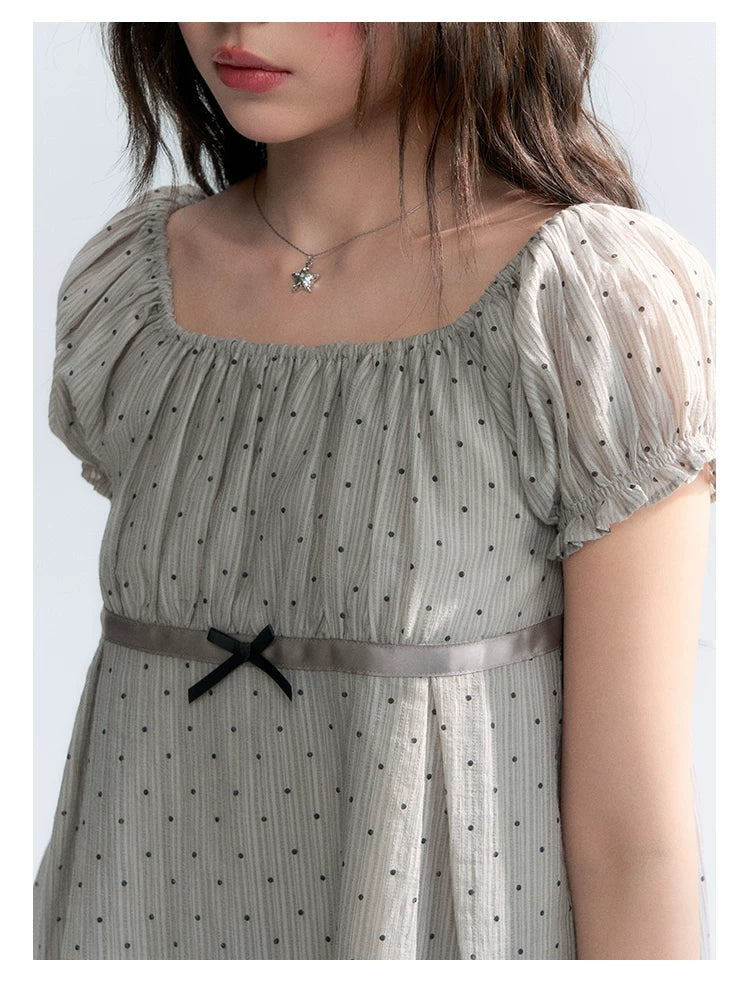 "Polka Dot Constellation" Gray Polka Dot Square Neck Puff Sleeve Top