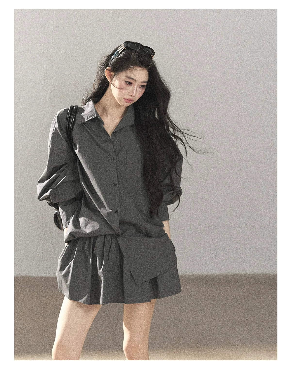 AOMALM - Thin Dusk Gray Bow-Back Shirt & Bubble Mini Skirt Set