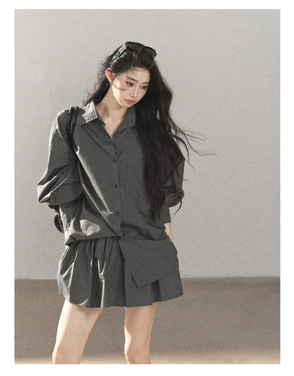 AOMALM - Thin Dusk Gray Bow-Back Shirt & Bubble Mini Skirt Set