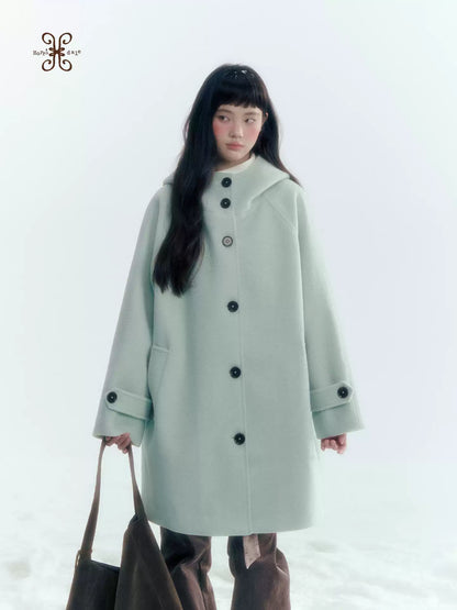 Pale Aqua Green Hooded Cocoon Wool-Blend Coat