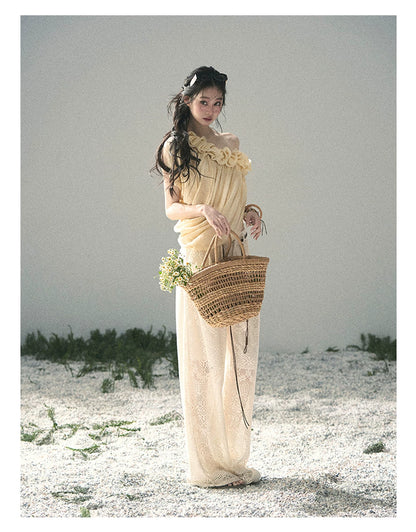 “Where Spring Petals Fall” Milkshake Yellow Ruffle Off-Shoulder Top